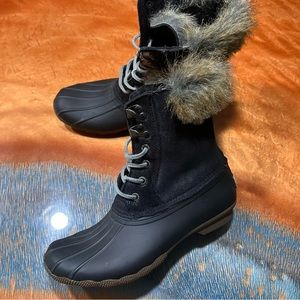 Sperry Saltwater Black Waterproof Duck Boots Faux Fur Trim size 7